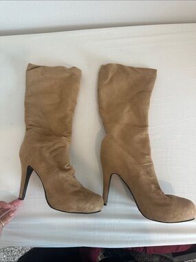 Women's Tan Suede High-Heel Mid-Calf Boots